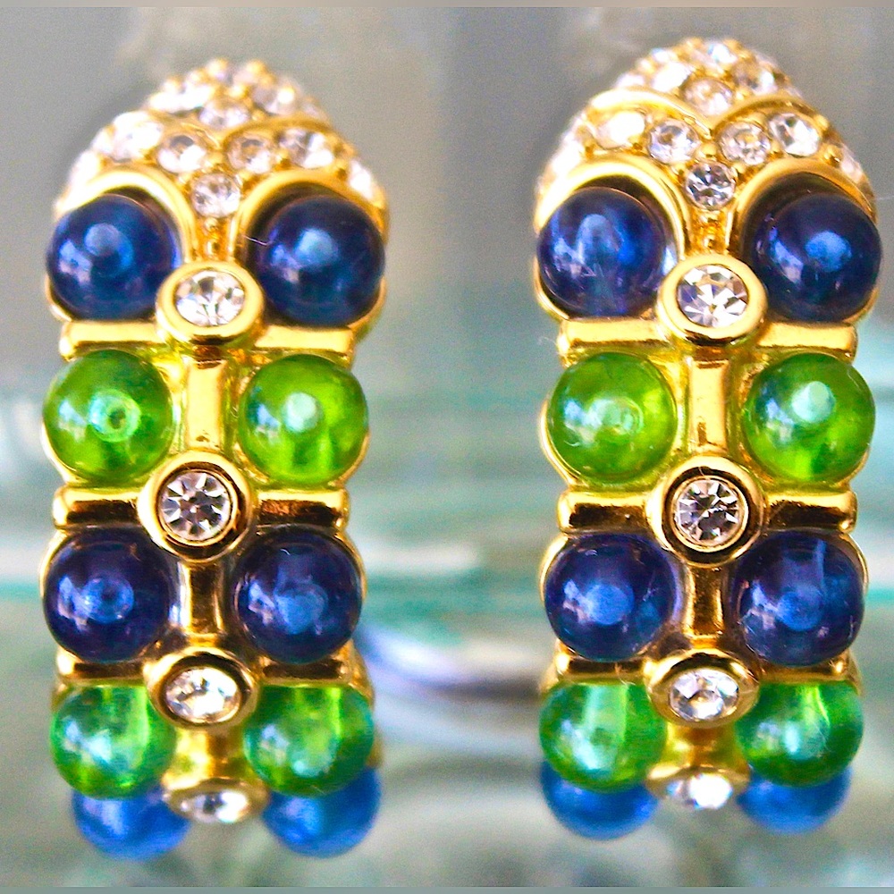 NOLAN MILLER EARRINGS CLIP ON GREEN BLUE VINTAGE 1980’s GOLD